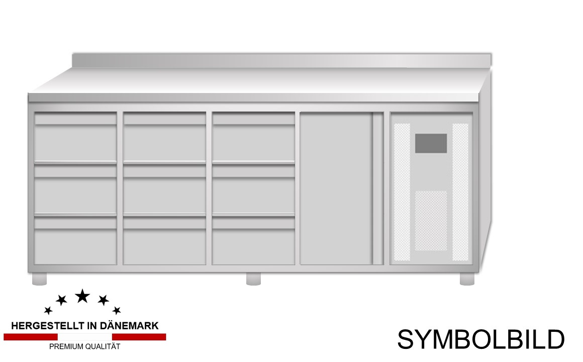 Kühltisch 2230x700x980mm mit Aufkantung, 1 Tür & 9 Laden, GN 1/1