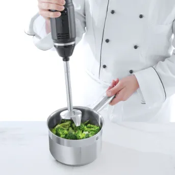 Stabmixer in Gebrauch, perfekt für die Zubereitung von Suppen und Smoothies in der Gastronomie.